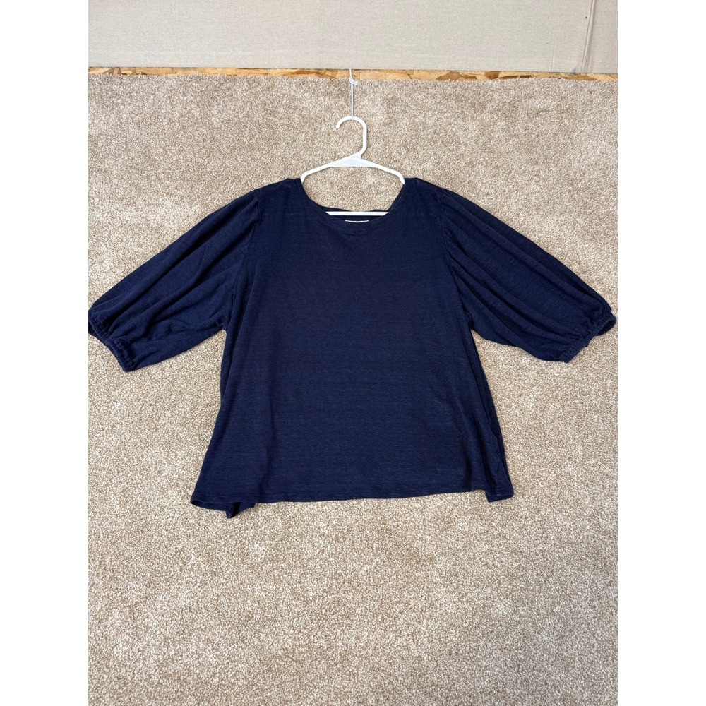J. Jill Navy Blue 100% Linen Puff Sleeve Knit Top XL Petite Coastal Grandma